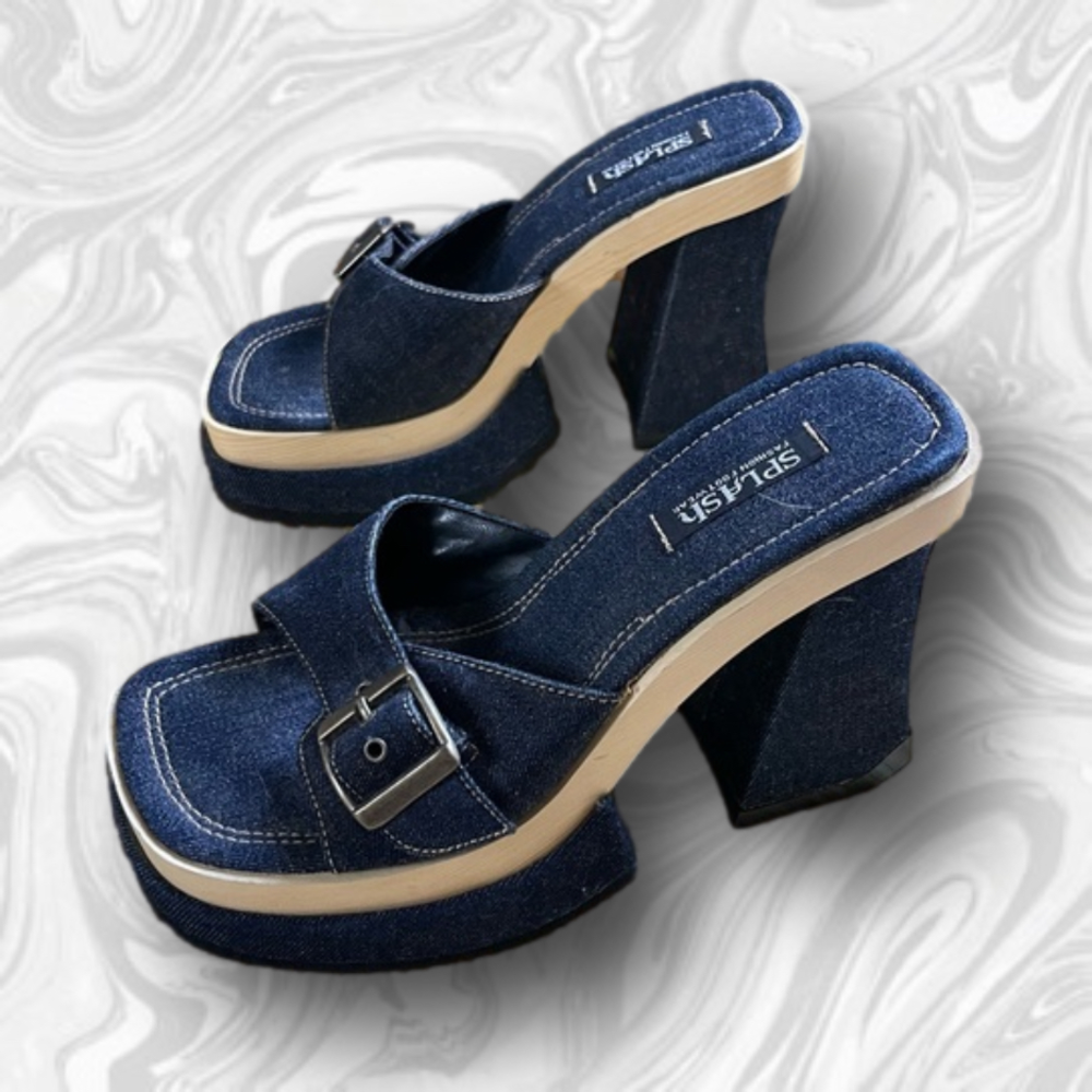 Y2K Vintage Splash Denim Wood Platform Chunky Heels Wedges (7.5/8) New W/O Tags